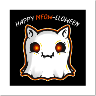 Cute Cat Ghost Spirit Happy Meow-lloween Halloween Posters and Art